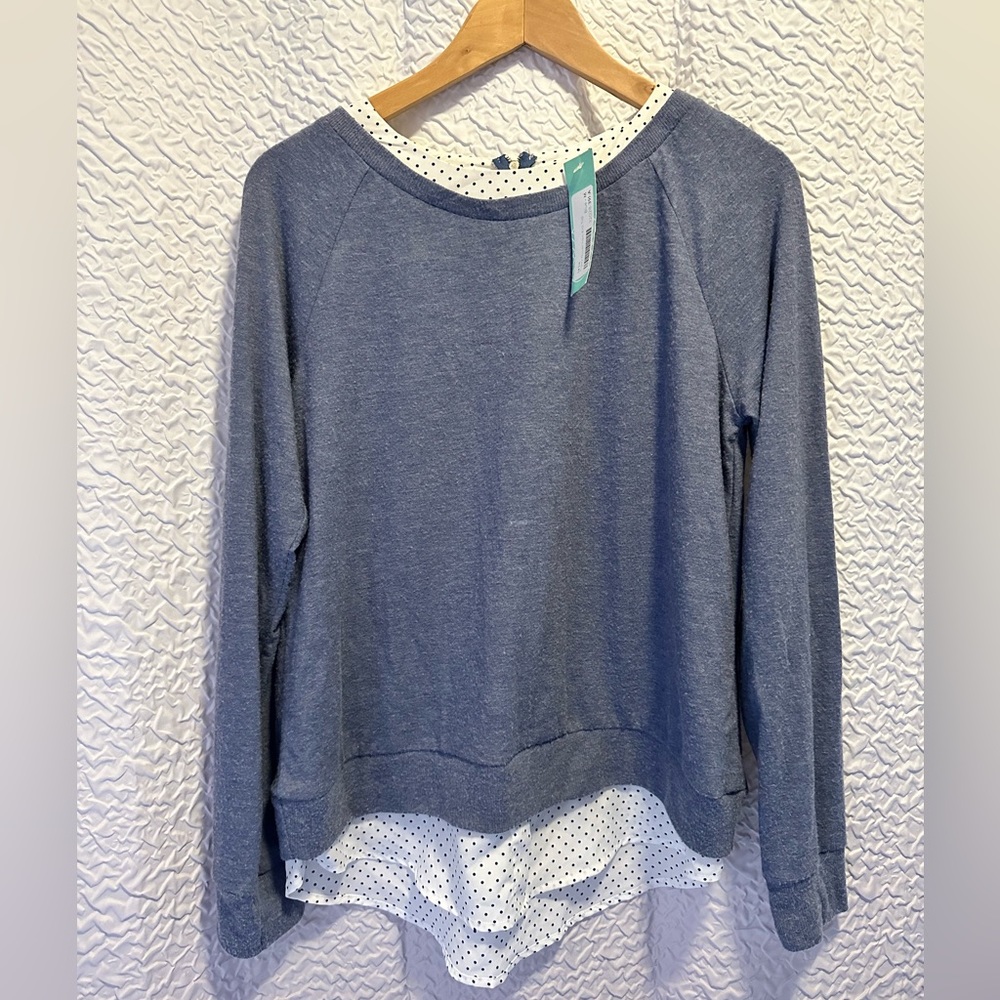 Le Lis Rigley Mixed Media Woven Hem Knit Top. Blue. Size M